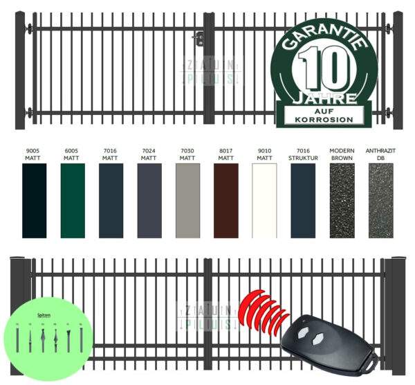 "Agat gerade" PREMIUM Doppelflügeltor 2m - 6m manuell / elektrisch auf Maß Doppeltor Flügeltor Hoftor Einfahrtstor vertikal klassisch schlicht hochwertig Metall Stahl Schmuckzaun Zierzaun Zierspitzen günstig