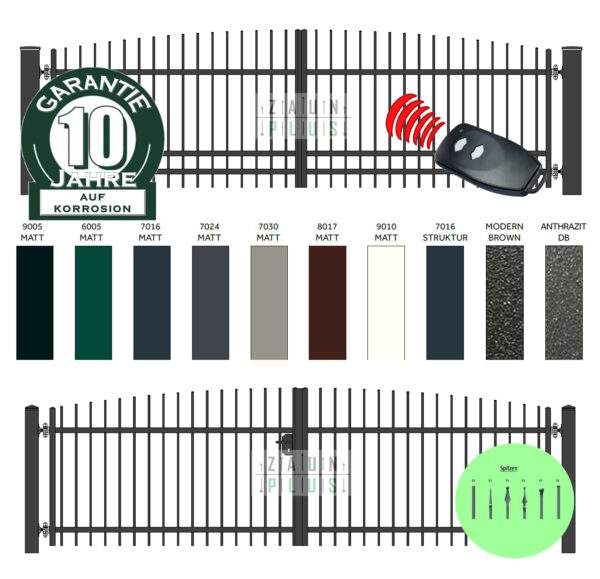"Agat gewölbt" PREMIUM Doppelflügeltor 2m - 6m manuell / elektrisch auf Maß Doppeltor Flügeltor Hoftor Einfahrtstor vertikal klassisch schlicht hochwertig Metall Stahl Schmuckzaun Zierzaun Zierspitzen günstig
