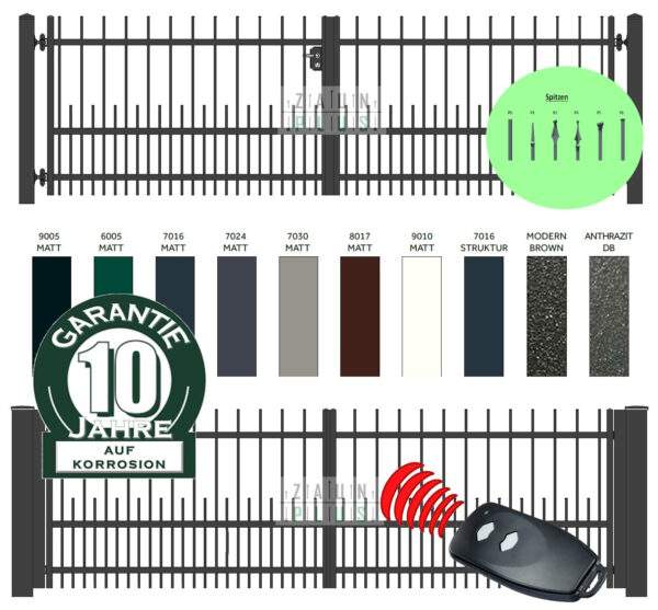 "Amethyst gerade" PREMIUM Doppelflügeltor 2m - 6m manuell / elektrisch auf Maß Doppeltor Flügeltor Hoftor Einfahrtstor vertikal klassisch schlicht hochwertig Metall Stahl feuerverzinkt pulverbeschichtet Schmuckzaun Zierzaun Zierspitzen günstig