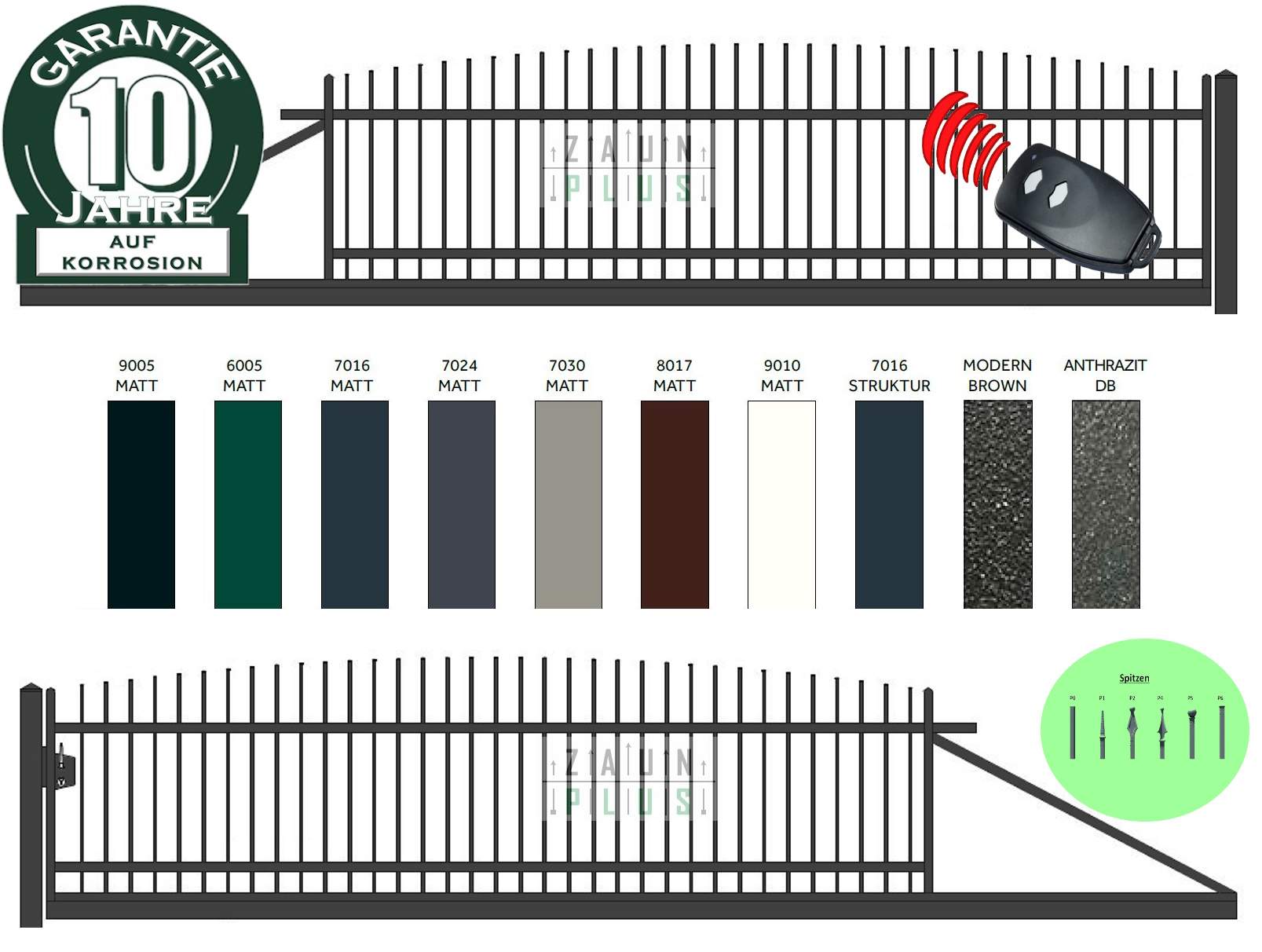 "Agat gewölbt" PREMIUM Schiebetor freitragend 2m - 6m manuell / elektrisch Hoftor Einfahrtstor auf Maß vertikal klassisch schlicht hochwertig Metall Stahl feuerverzinkt pulverbeschichtet Schmuckzaun Zierzaun Zierspitzen günstig