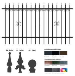 "Unit 6" KLASSIK Zaunfeld / Zaunelement + Pfosten Gartenzaun Metallzaun Schmuckzaun Zierzaun Zierspitzen Zierelement klassisch hochwertig langlebig Metall Stahl feuerverzinkt pulverbeschichtet vertikal