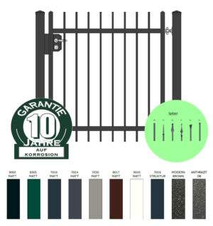 "Agat gerade" PREMIUM Gartentor / Pforte inkl. Pfosten vertikale Profile Gartenpforte Zauntür Schmucktor Hoftor Metalltor Flügeltor Stabfüllung Zierspitzen auf Maß klassisch schlicht günstig hochwertig langlebig feuerverzinkt pulverbeschichtet