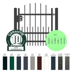 "Amethyst gew&ouml;lbt" PREMIUM Gartentor / Pforte inkl. Pfosten vertikale Profile Gartenpforte Zaunt&uuml;r Schmucktor Hoftor Metalltor Fl&uuml;geltor Stabf&uuml;llung Zierspitzen Rundbogen auf Ma&szlig; klassisch schlicht g&uuml;nstig hochwertig langlebig feuerverzinkt pulverbeschichtet