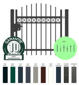 "Jantar gewölbt" PREMIUM Gartentor / Pforte inkl. Pfosten Kreuzmuster vertikale Profile Gartenpforte Zauntür Schmucktor Hoftor Metalltor Flügeltor Stabfüllung Zierspitzen auf Maß klassisch schlicht günstig hochwertig langlebig feuerverzinkt pulverbeschichtet