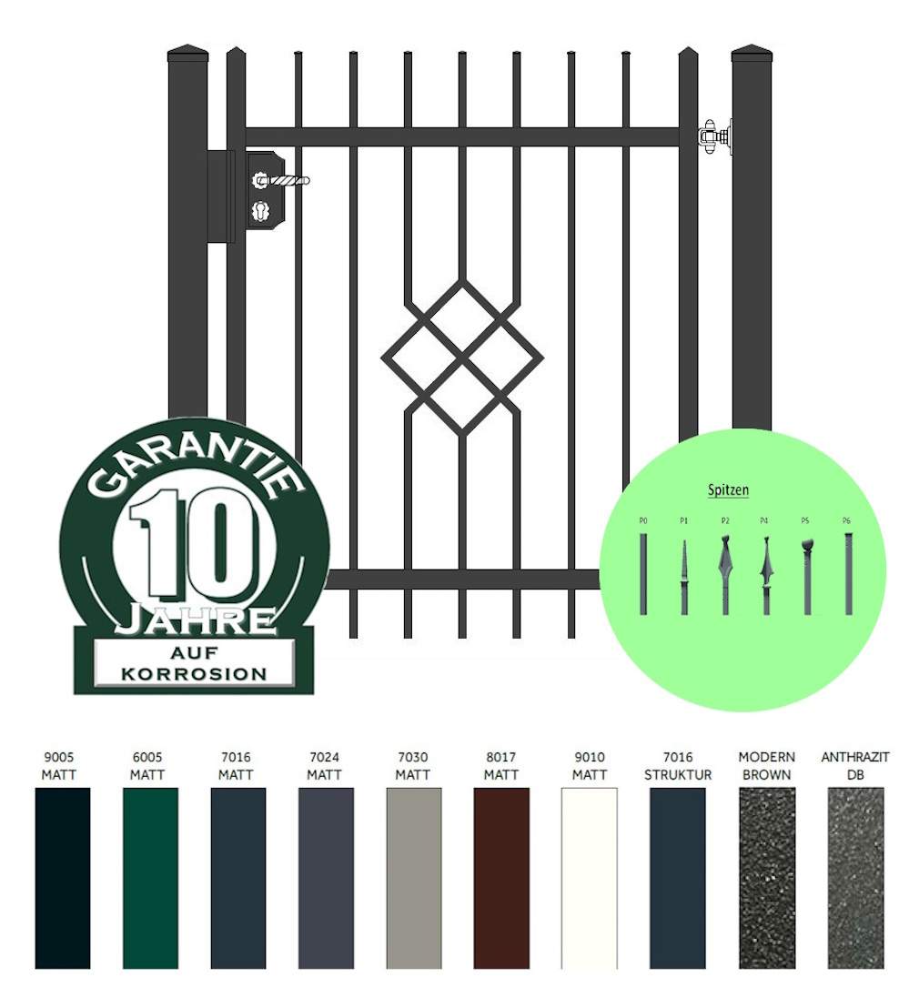 "Rubin 1 gerade" PREMIUM Gartentor / Pforte inkl. Pfosten vertikale Profile Gartenpforte Zauntür Schmucktor Hoftor Metalltor Flügeltor Stabfüllung Zierspitzen auf Maß klassisch schlicht günstig hochwertig langlebig feuerverzinkt pulverbeschichtet