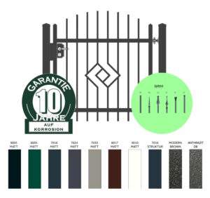 "Smaragd gew&ouml;lbt" PREMIUM Gartentor / Pforte inkl. Pfosten vertikale Profile Gartenpforte Zaunt&uuml;r Schmucktor Hoftor Metalltor Fl&uuml;geltor Stabf&uuml;llung Zierspitzen Rundbogen auf Ma&szlig; klassisch schlicht g&uuml;nstig hochwertig langlebig feuerverzinkt pulverbeschichtet