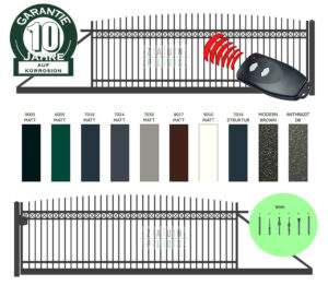"Jantar gew&ouml;lbt" PREMIUM Schiebetor freitragend 2m - 6m manuell / elektrisch Kreuzmuster Hoftor Einfahrtstor auf Ma&szlig; vertikale Profile Stabf&uuml;llung senkrecht klassisch schlicht hochwertig Metall Stahl feuerverzinkt pulverbeschichtet Schmuckzaun Zierzaun Zierspitzen Rundbogen g&uuml;nstig
